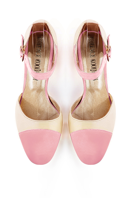 Carnation pink and champagne white women's open side shoes, with an instep strap. Round toe. Medium block heels. Top view - Florence KOOIJMAN